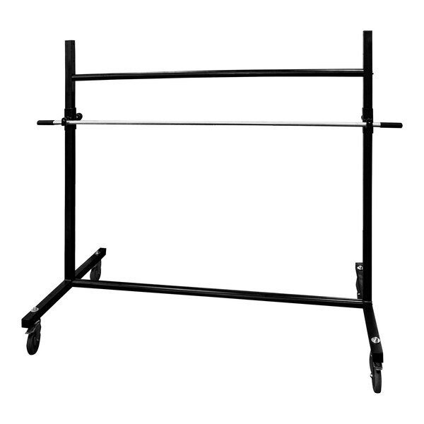 A black metal Encore Packaging Bi-Support Roll Stand with wheels.