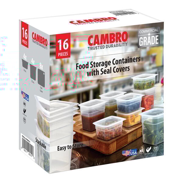 A box of Cambro food storage containers with translucent lids on a counter.