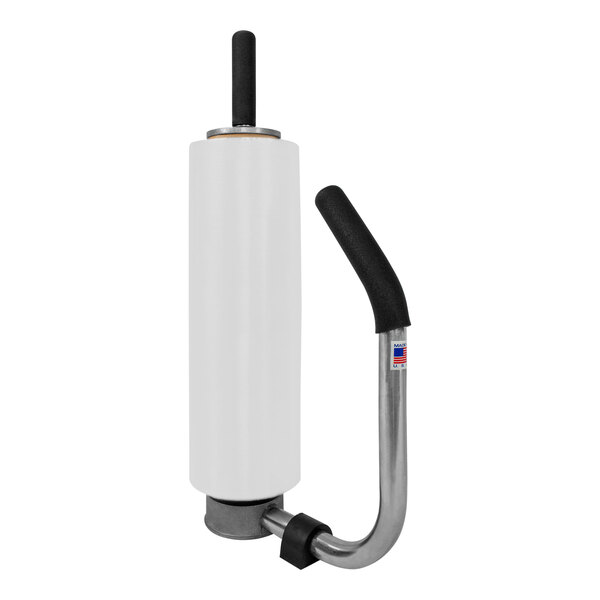 A white and black steel pistol-grip stretch wrap dispenser with a metal tube.