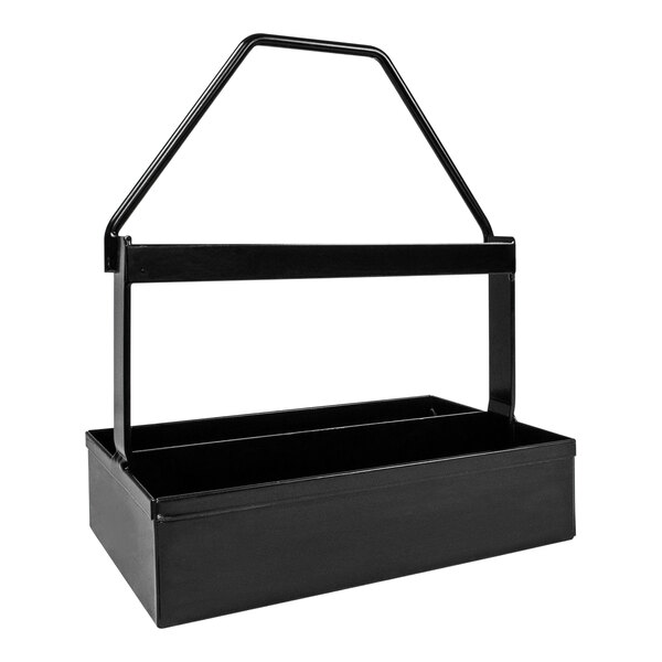 A black metal tool box with a handle.