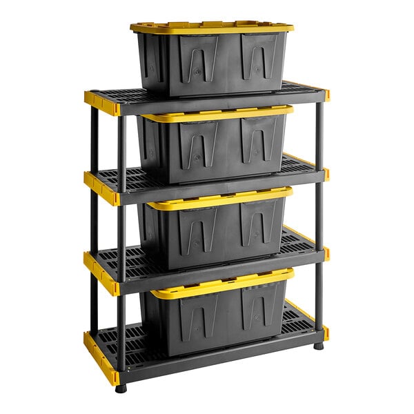 A Tough Shelf 4-tier black and yellow plastic grid system with 4 black storage totes with yellow lids.