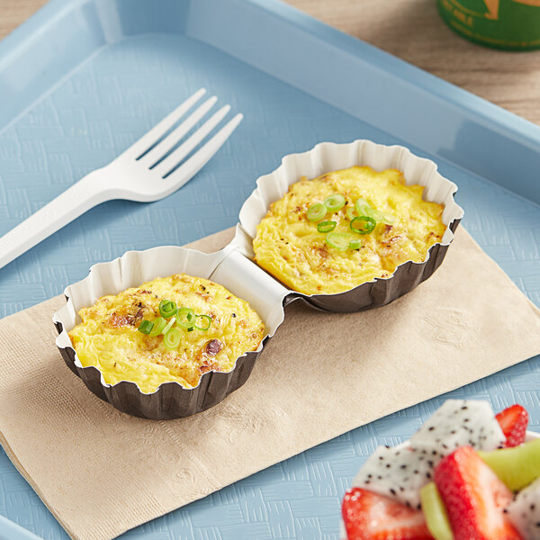 A brown Novacart paper tray with two compartments holding food.