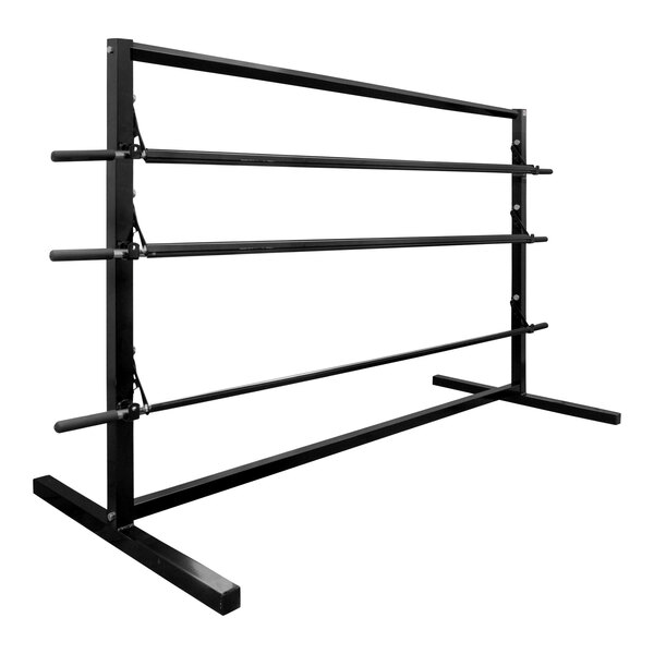 A black metal 3-tier rack with six bars on it.
