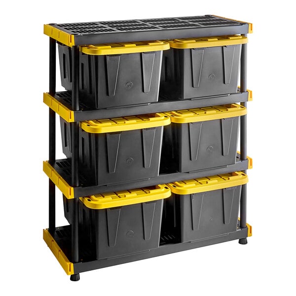 A black and yellow Tough Shelf system with black storage totes.