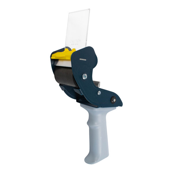 A blue and yellow Encore Packaging mousetrap-style tape dispenser with a yellow handle.