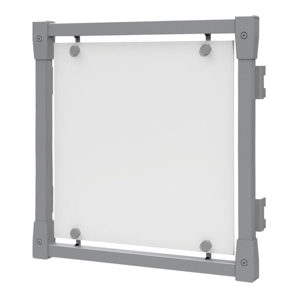 A white board with a silver metal frame.