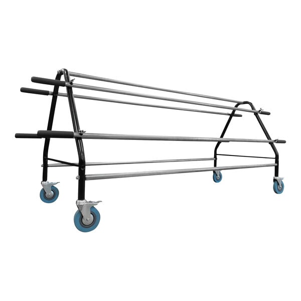 A silver metal mobile roll stand with blue wheels.