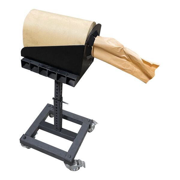 A black steel mobile paper roll dispenser with a roll of kraft paper on it.