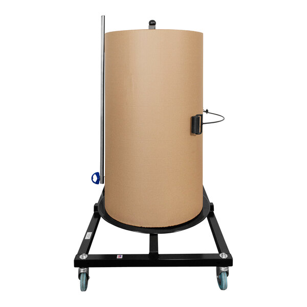 A large cardboard cylinder on a black cart with a white background.