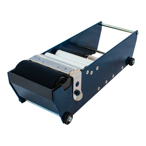 A blue machine with black rollers for Kraft paper tape.