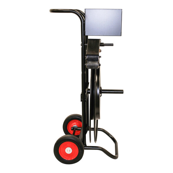 A black and red mobile ribbon-wound strapping dispenser with wheels.