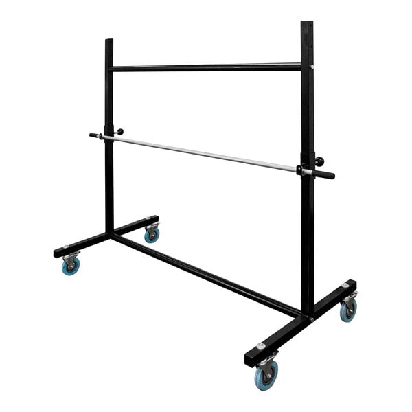A black metal Encore Packaging stretch film roll stand with blue wheels.