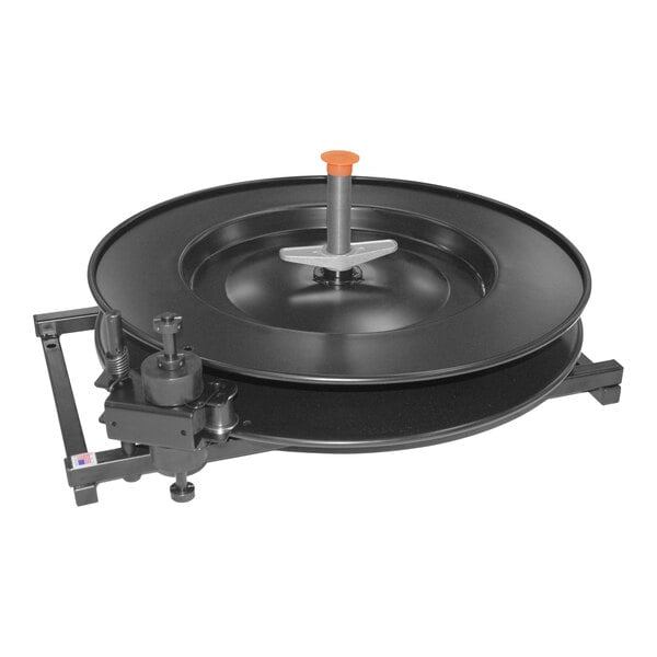 An Encore Packaging horizontal wall- or forklift-mount strapping dispenser with a metal handle.