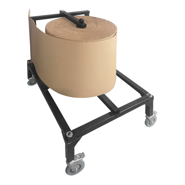 A white Single Face/Foam/Bubble Dispenser with a roll of bubble packaging paper on a black metal stand.