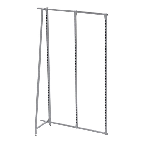 A silver metal freestanding wall display with metal poles and holes.