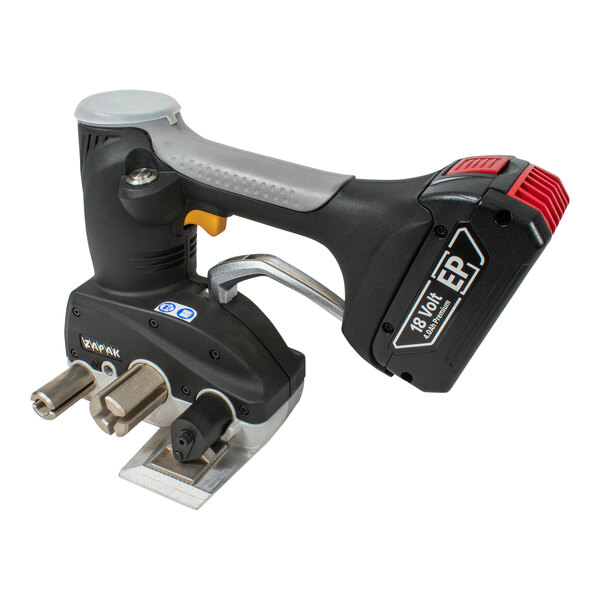 An Encore Packaging black and silver battery-powered tensioner with cutter for strapping.