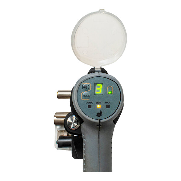 An Encore Packaging battery-powered strapping tensioner with a cutter on a white background.