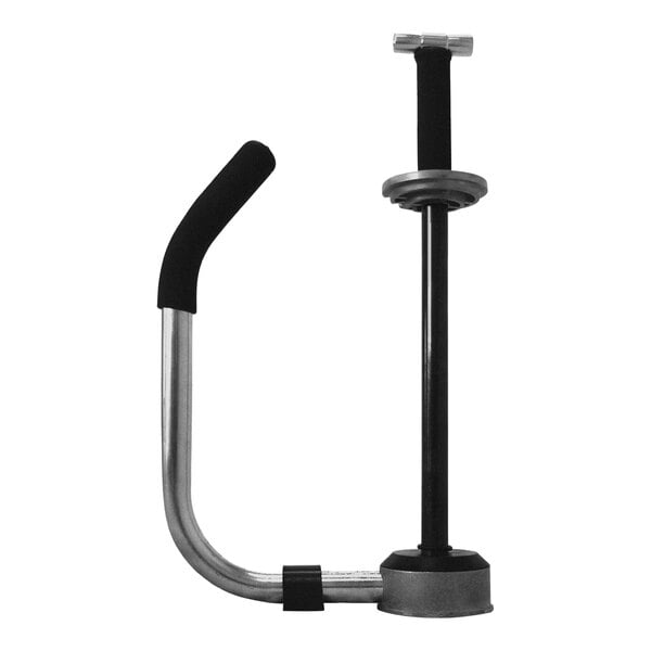 A black and silver steel pistol-grip stretch wrap dispenser with a T-handle.