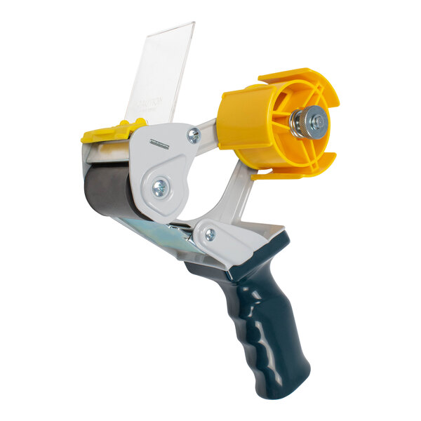 A yellow and grey Encore Packaging pistol-grip tape dispenser with a yellow handle.