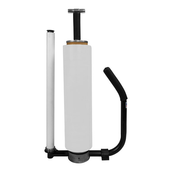 A white and black steel Pistol-Grip Ultra Stretch Wrap Dispenser with T-Handle and Roller Arm Extension.