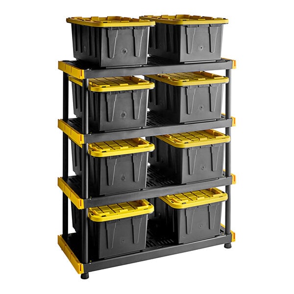 A black and yellow Tough Shelf industrial storage rack with four plastic bins on it.