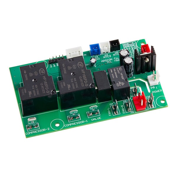 An Avantco mainboard with a green circuit board and black and red electronic components.