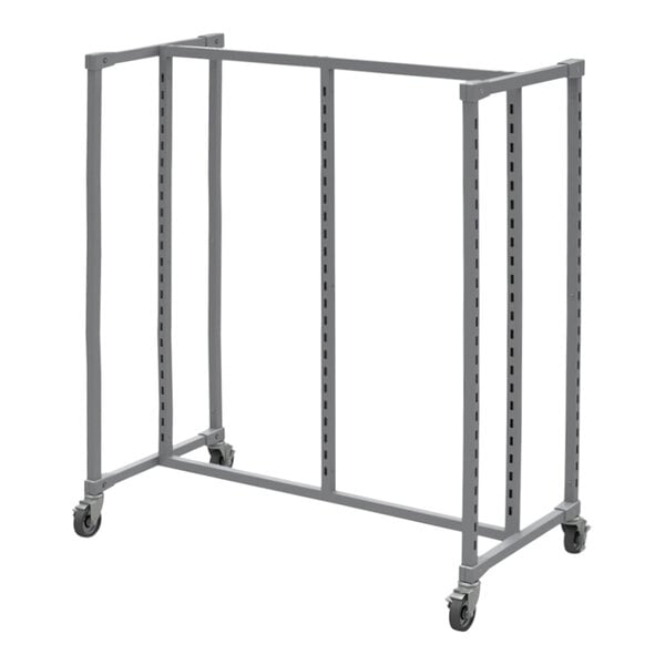 A silver metal Grand + Benedicts Burnside gondola rack with wheels and two shelves.