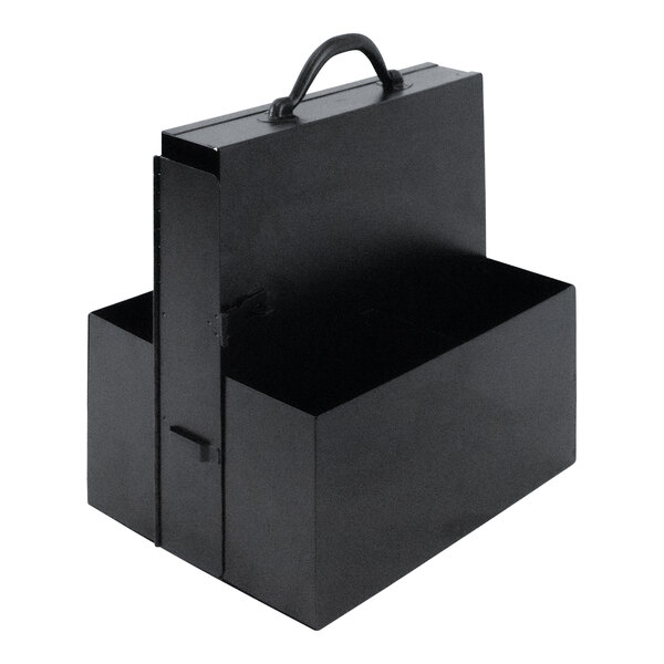 A black steel strap caddy with a handle.