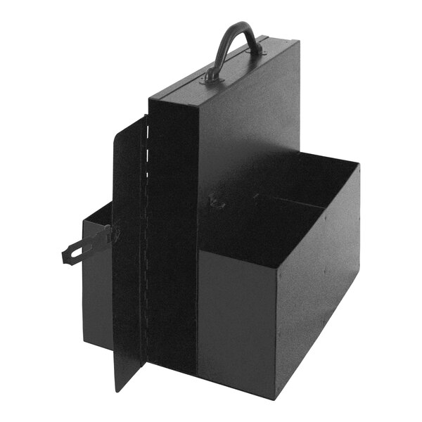 A black steel strap caddy with a handle and two compartments.