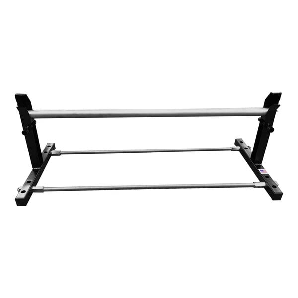 A metal rack with two metal bars for Encore Packaging steel poly tubing.