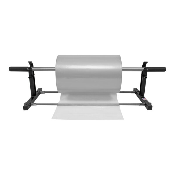 A roll of plastic on a steel tubing dispenser stand.