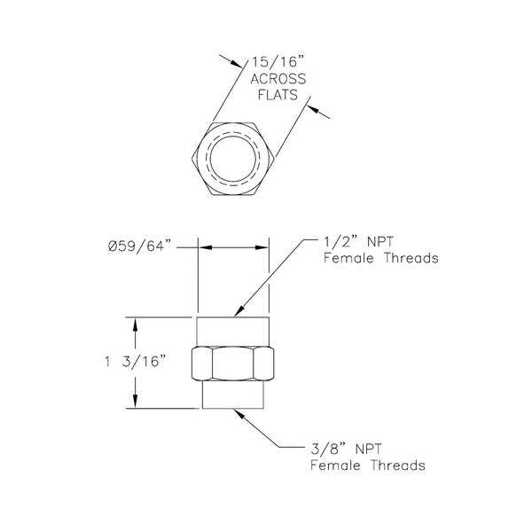 A black and white drawing of a T&S Reducing Coupling with 3/8" and 1/2" NPT Female Connections.
