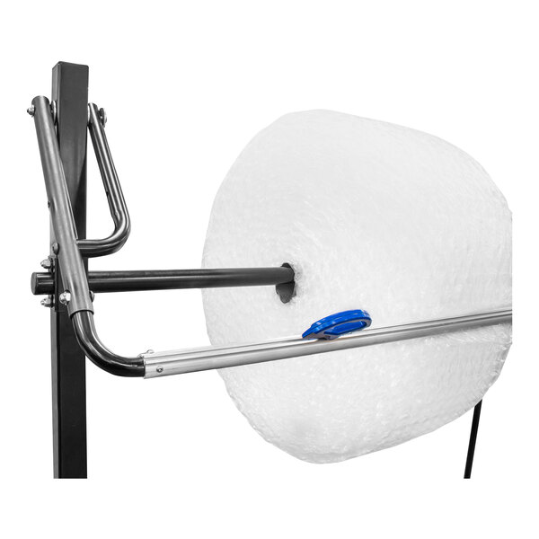 A 48" black metal floor unit with a blue handle holding white bubble wrap.