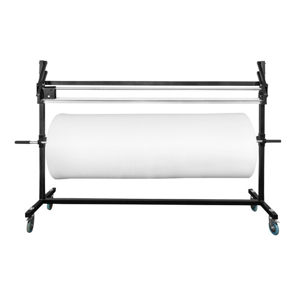 A white roll of stretch wrap on a metal stand.