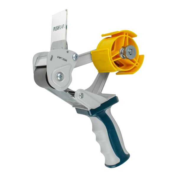 A white and yellow Encore Packaging Deluxe pistol-grip tape dispenser.