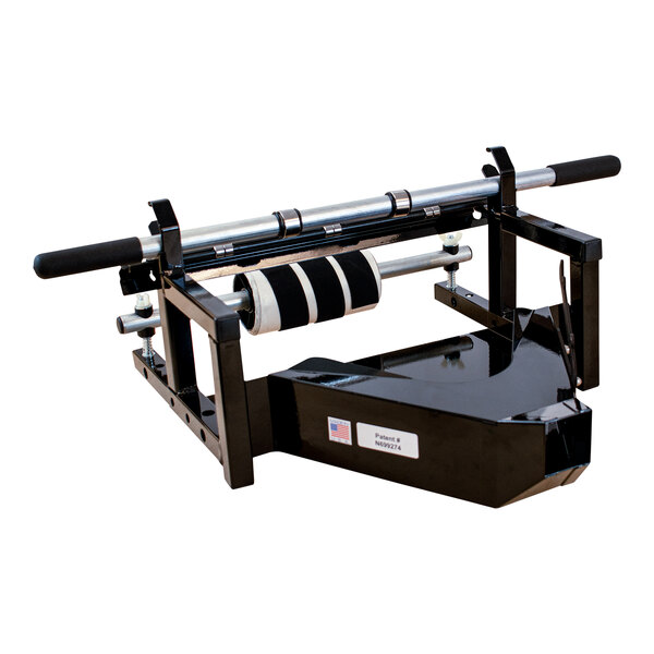 A black and silver Encore Packaging steel wall-mount paper dispenser with a roller.