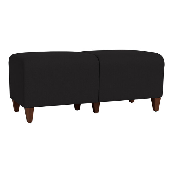 A black Lesro bench with walnut wood legs.