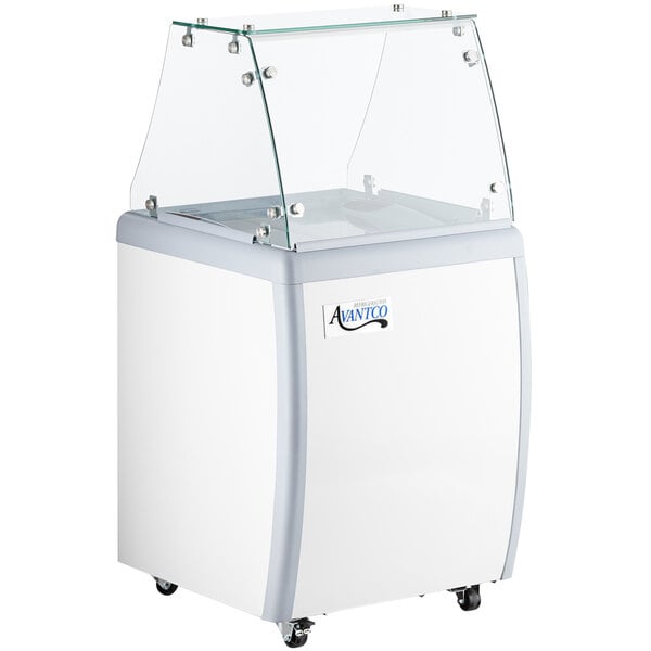 A white and grey rectangular Avantco ice cream dipping cabinet with a clear glass top.