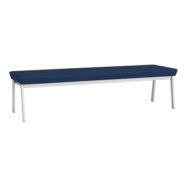 A blue Lesro Newport bench with silver steel legs.