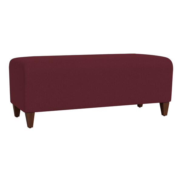 A red Lesro Ravenna loveseat bench with wooden legs.