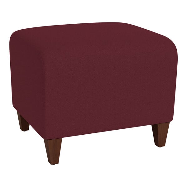 A burgundy Lesro Ravenna fabric bench with wooden legs.