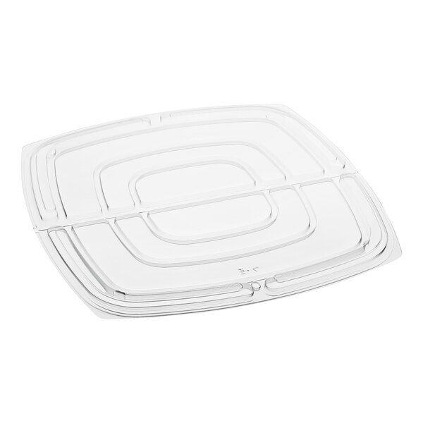 A stack of Sabert clear plastic hinged lids.
