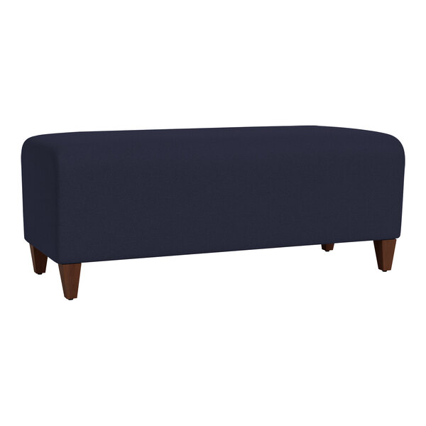 A navy blue Lesro Ravenna loveseat bench with wooden legs.