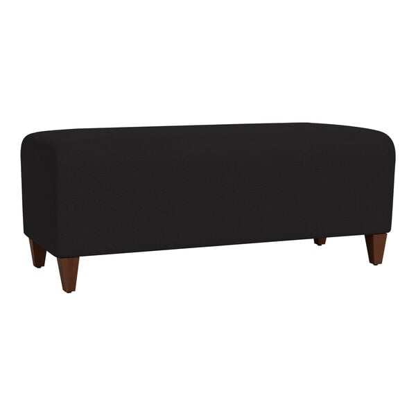 A Lesro Ravenna black fabric loveseat bench with walnut wood legs.