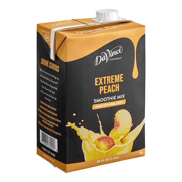 A box of DaVinci Gourmet Extreme Peach Real Fruit Smoothie Mix with 6 bottles inside.