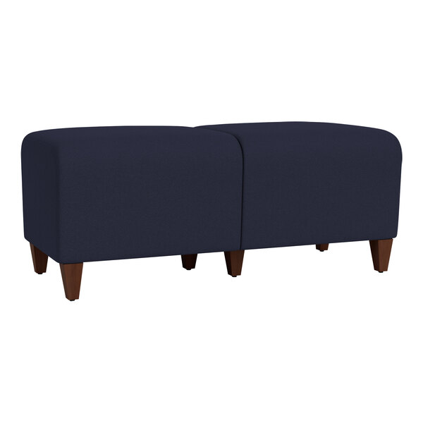 A navy blue Lesro bench with wooden legs.