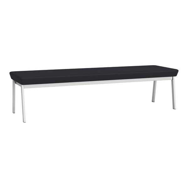 A Lesro Newport black vinyl 3-seat bench with silver legs.