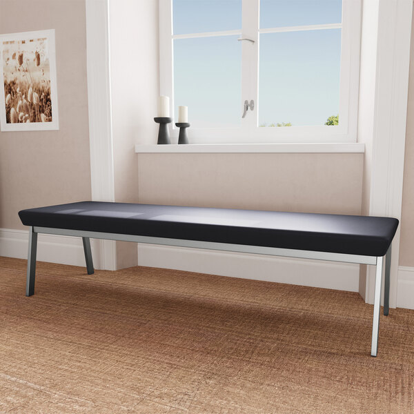 A black Lesro Newport bench with a black vinyl seat in a room.