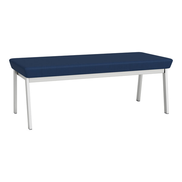 A blue Lesro Newport 2-seat bench with silver metal legs.