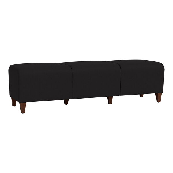 A black Lesro Ravenna 3-seat bench with walnut wood legs and black fabric.